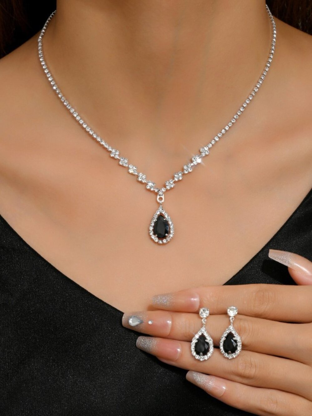 3/$35 NWT Black Teardrop Crystal Necklace & Earrings Set Wedding Prom Formal